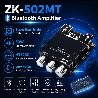 Picture of ZK-502MT Bluetooth 5.0 Super Base Amplifier Board with Acrylic Box Sell 2.0 Channel 2x50W Power Audio Stereo Amplifier Board AUX Bass Treble AMP similar ZK-502M CA-502MT 502MT 
