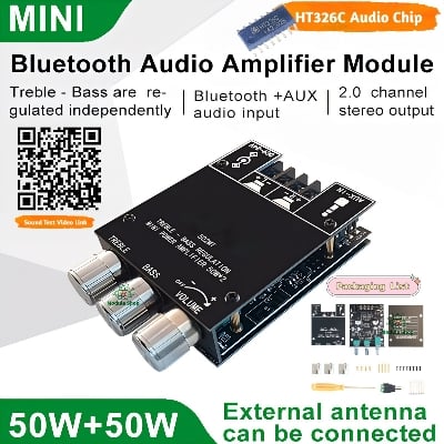 Picture of ZK-502MT Bluetooth 5.0 Super Base Amplifier Board with Acrylic Box Sell 2.0 Channel 2x50W Power Audio Stereo Amplifier Board AUX Bass Treble AMP similar ZK-502M CA-502MT 502MT 
