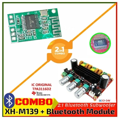 Picture of Bluetooth Audio Receiver combo 2:1 50W+50W:100W Subwoofer Digital Power Amplifier 12V-24V TPA3116D2 XH-M139 + 5V Multicolor