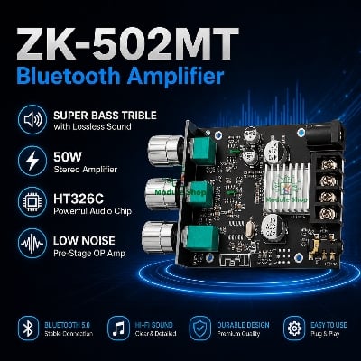 Picture of ZK-502MT Bluetooth 5.0 Subwoofer Amplifier Board 2.0 Channel 502MT 2*50W Power Audio Stereo Amplifier Board AUX Bass Treble AMP Similar ZK-502M CA-502MT 502MT 