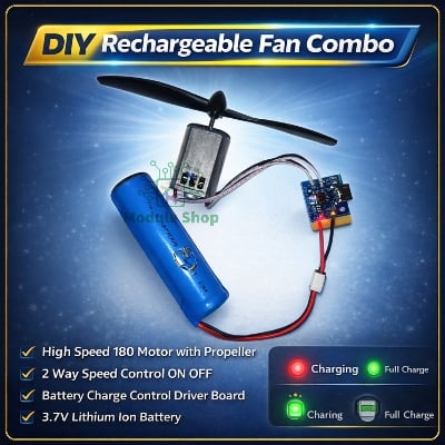 Picture of Diy Mini Rechargeable Fan Combo 3 Step Speed Control with Short Circuit and Battery Protection 180 Fan Motor Propeller 18650 Li-ion Battery No Soldering 