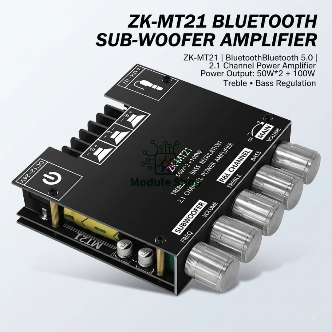 Picture of  ZK-MT21 2.1 channel Class D subwoofer amplifier board delivering up to 50W+50W+100W
Output.It features Bluetooth 5.0 for wireless connectivity (up to 15m), plus an AUX input. It supports 12-24V DC input and features volume Black
