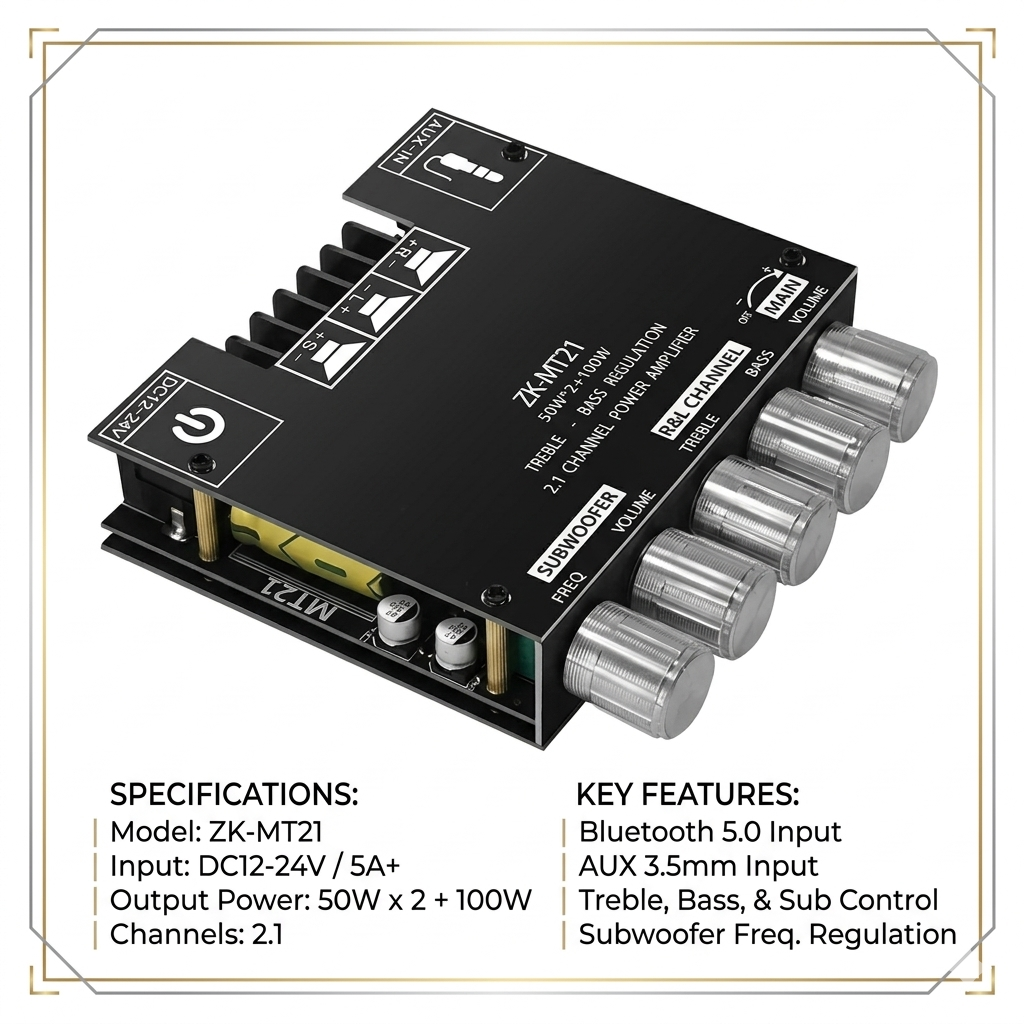 Picture of  ZK-MT21 2.1 channel Class D subwoofer amplifier board delivering up to 50W+50W+100W
Output.It features Bluetooth 5.0 for wireless connectivity (up to 15m), plus an AUX input. It supports 12-24V DC input and features volume Black