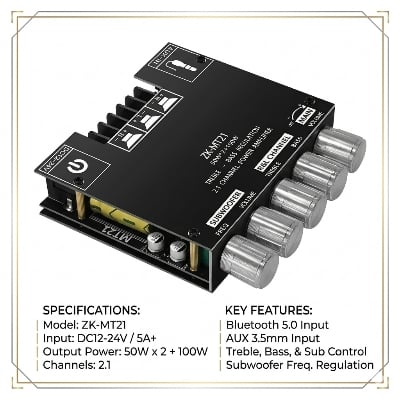Picture of  ZK-MT21 2.1 channel Class D subwoofer amplifier board delivering up to 50W+50W+100W
Output.It features Bluetooth 5.0 for wireless connectivity (up to 15m), plus an AUX input. It supports 12-24V DC input and features volume Black