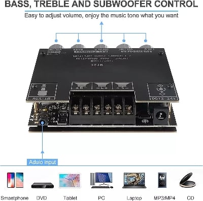 Picture of MT21 Bluetooth 5.0 Subwoofer Amplifier Board 50WX2+100W 2.1 Channel Power Audio Stereo Amplifier Tone Board Bass AMP AUX Donestic Chip similar CA-MT21 ZK-MT21 Black