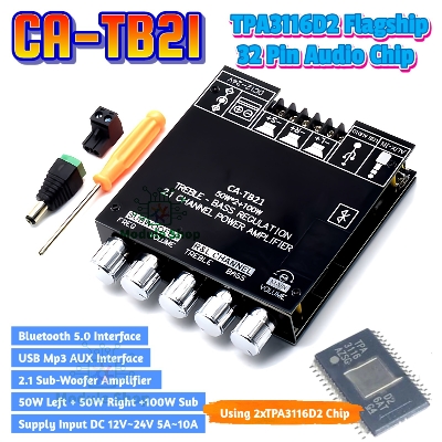 Picture of TB21 TPA3116D2 Flagship Chip Bluetooth 5.0 Subwoofer Digital Amplifier Board 2x50W+100W 2.1 Channel Power Audio Stereo Bass AMP for Home Theater Sound System with Filter similar CA-TB21 ZK-TB21 