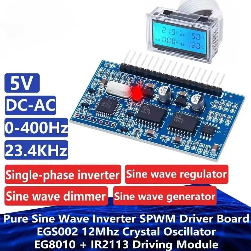 Picture of 5V DC-AC Pure Sine Wave Inverter SPWM Driver Board EGS002 12Mhz Crystal Oscillator EG8010 + IR2113 Driving Module LCD EG8010 + LCD
