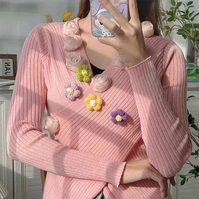 Picture of 5pcs Wool Flower Applique Petals For Clothing Hat Shoes DIY Handmade Crafts Puff Flower Patches Headwear Hair Clips Decor 