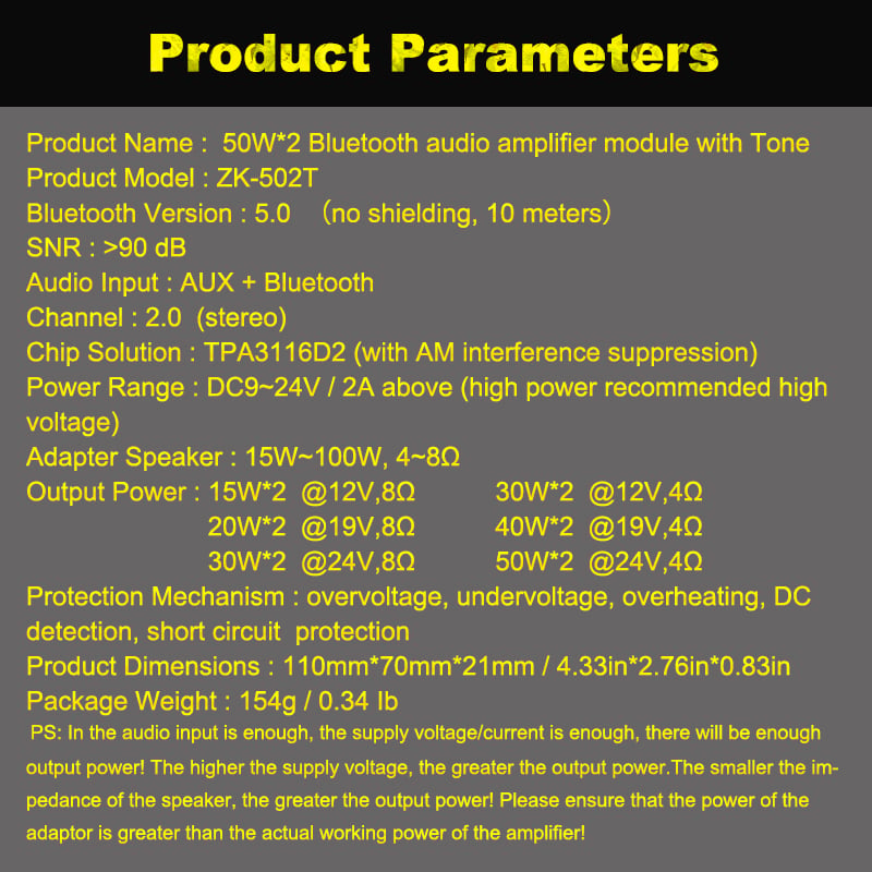 Picture of ZK-502T TPA3116D2 Bluetooth-compatible 5.0 Subwoofer Amplifier Board 2.0 Channel High Power Audio Stereo 2*50W Bass AMP Black