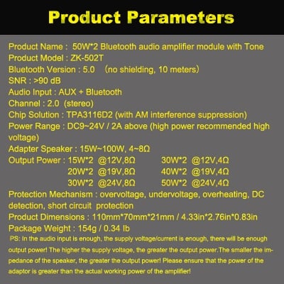 Picture of ZK-502T TPA3116D2 Bluetooth-compatible 5.0 Subwoofer Amplifier Board 2.0 Channel High Power Audio Stereo 2*50W Bass AMP Black