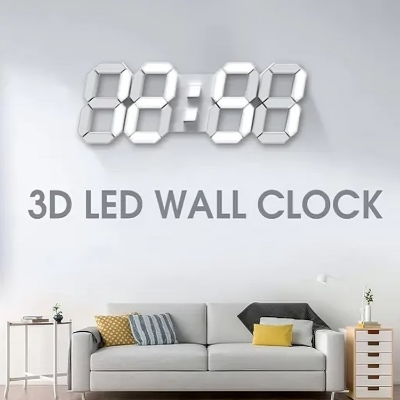 Picture of 3D LED Digital Clock Electronic Table Clock Alarm Clock Wall Glowing Hanging Clocks White