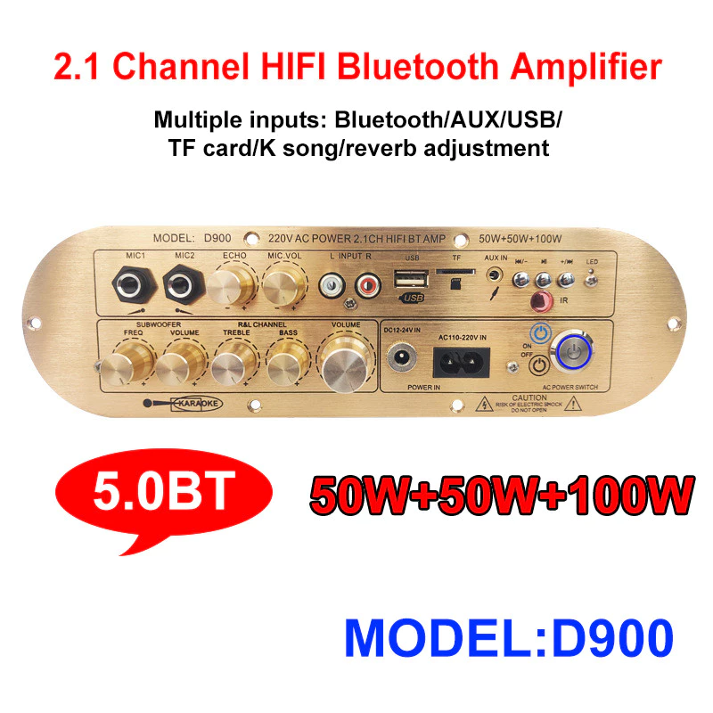 Picture of Golden Color D900 2.1 Channel 2X50W+100W Powerful Amplified board High/LowTone Power Amplifier Board Module For Active Speaker Gold