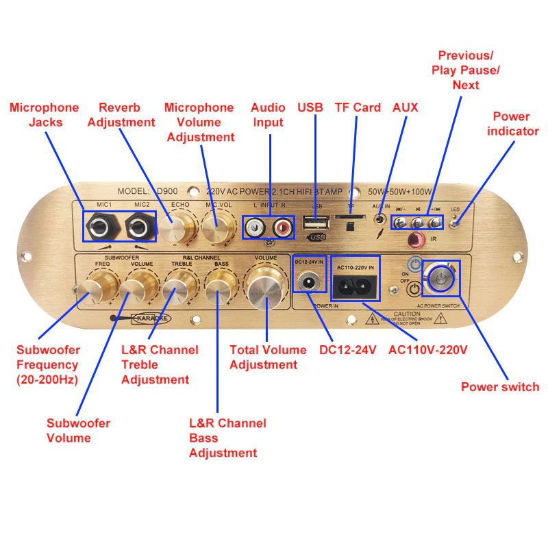 Picture of Golden Color D900 2.1 Channel 2X50W+100W Powerful Amplified board High/LowTone Power Amplifier Board Module For Active Speaker Gold