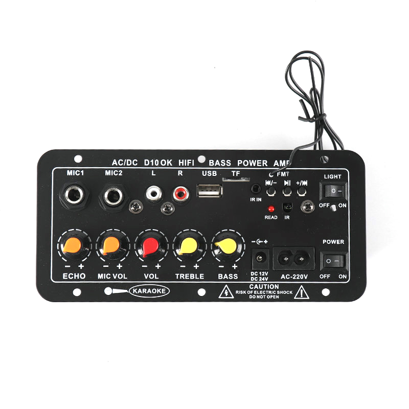 Picture of D10 Bluetooth Audio Amplifier Cabinet Type 30W-120W AC-220V DC-12V Echo USB MIC FM Radio TF
Support Dual Microphone Bluetooth 5.0 Amplifier Subwoofer for 4Ohm Speaker No Need Power Adapter Black