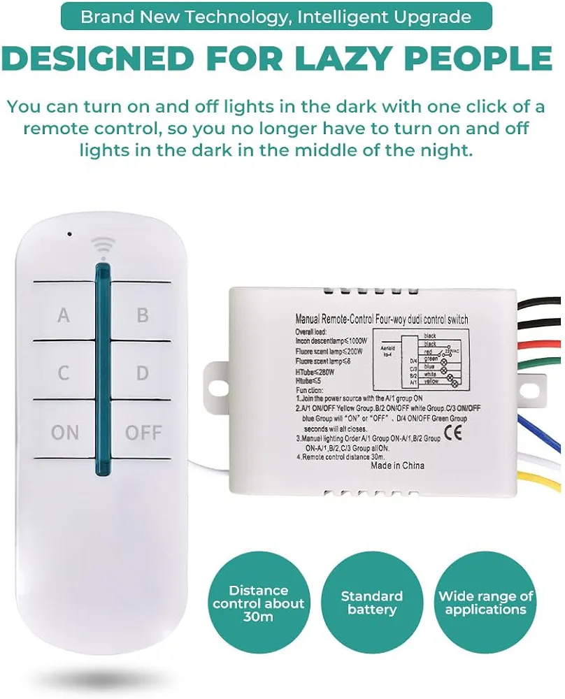 Picture of Switch & Remote Control - 4 Ways ON/Off 220V Digital Wireless Wall Light Receiver Transmitter Remote Control Switch Multicolor
