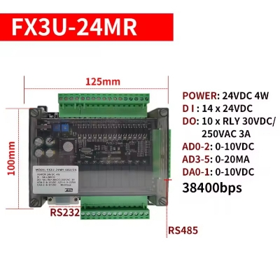 Picture of FX3U 24MR 6AD 2DA RS485 RTC 14 input 10 relay output 6 analog input 2 analog output pic controller only plc