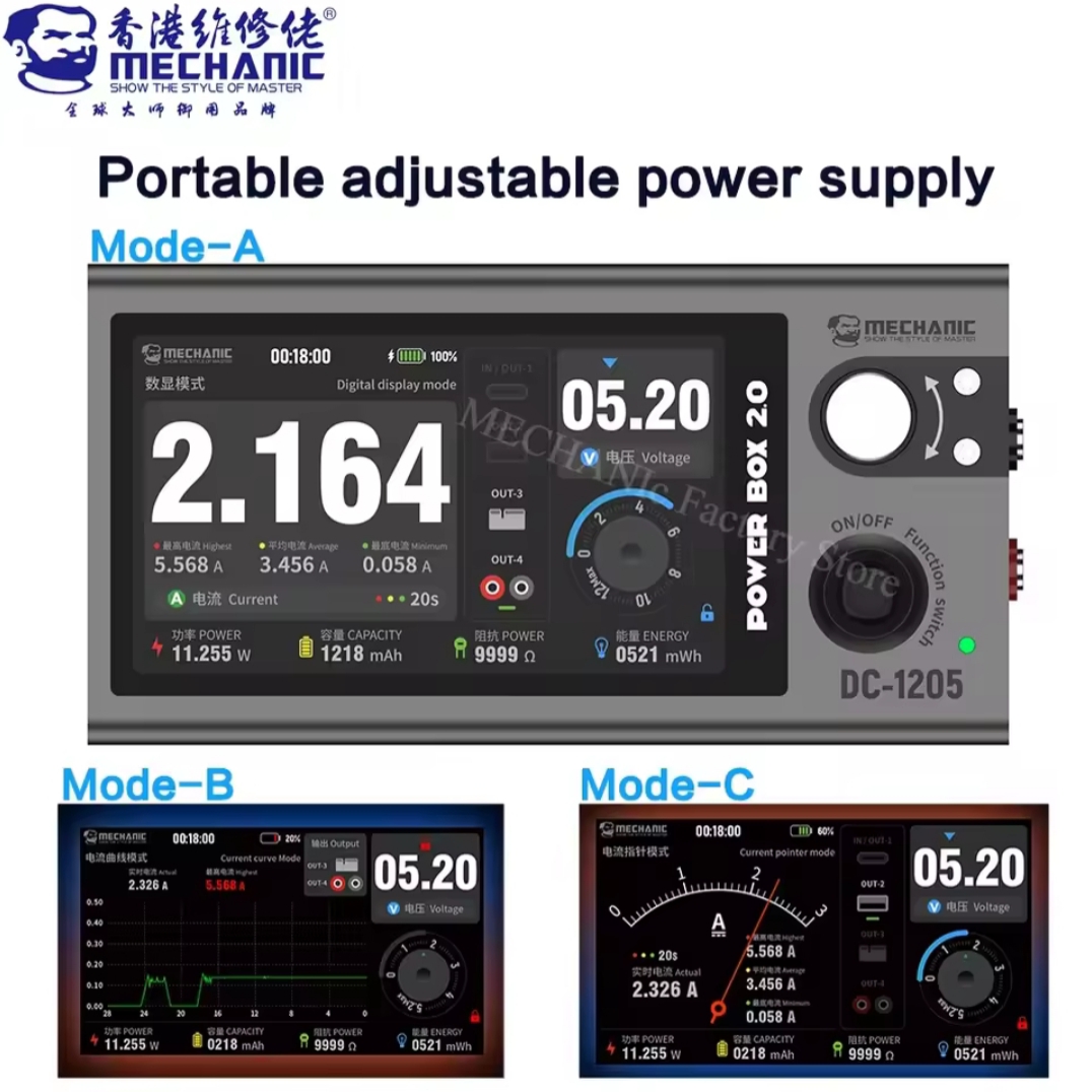 Picture of MECHANIC POWER BOX 2.0 DC-1205
Multifuncitonal Digital Adjustable Power Supply 12V 5A Output with Built-in Battery for Mobile Phones Computer Tablets

Maintenance Power Voltage Current Power Detection Multicolor