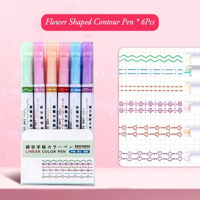 Picture of 6Pcs/Set Flower Line Shape Highlighter Pen Roller Tip Curve Liner Marker Kawaii Korean Stationery School Office Supplies Gifts Multicolor