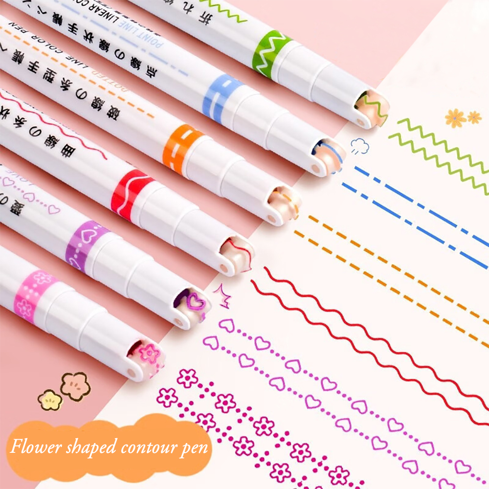 Picture of 6Pcs/Set Flower Line Shape Highlighter Pen Roller Tip Curve Liner Marker Kawaii Korean Stationery School Office Supplies Gifts Multicolor
