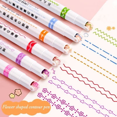 Picture of 6Pcs/Set Flower Line Shape Highlighter Pen Roller Tip Curve Liner Marker Kawaii Korean Stationery School Office Supplies Gifts Multicolor