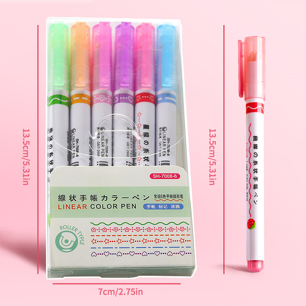 Picture of 6Pcs/Set Flower Line Shape Highlighter Pen Roller Tip Curve Liner Marker Kawaii Korean Stationery School Office Supplies Gifts Multicolor