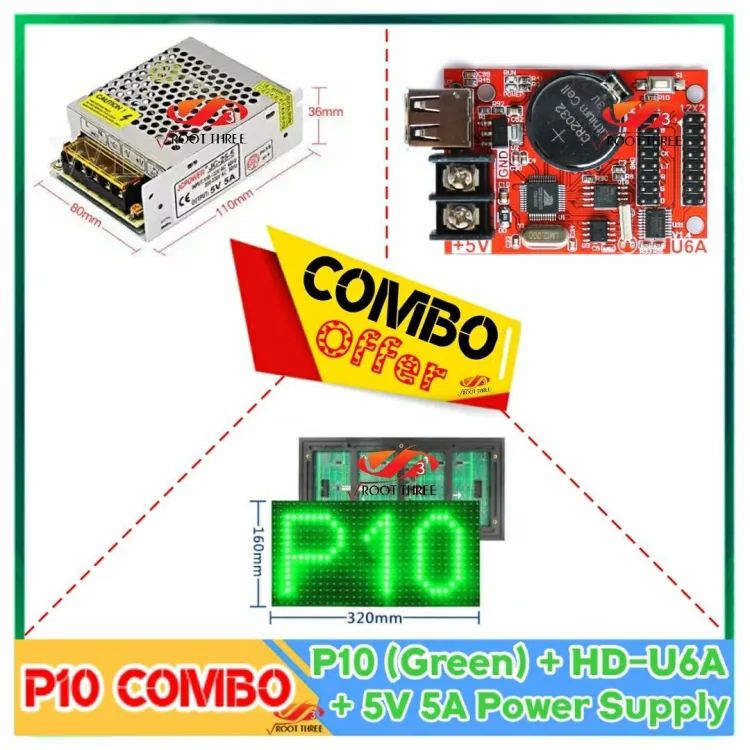 Picture of Digital Signboard Comb Pack  P10 SMD Single Color Bundle 32x16 Pixel 12"x6" Panel + 5V 5A SMPS + HD-U6a Control Card with Your Own Program 