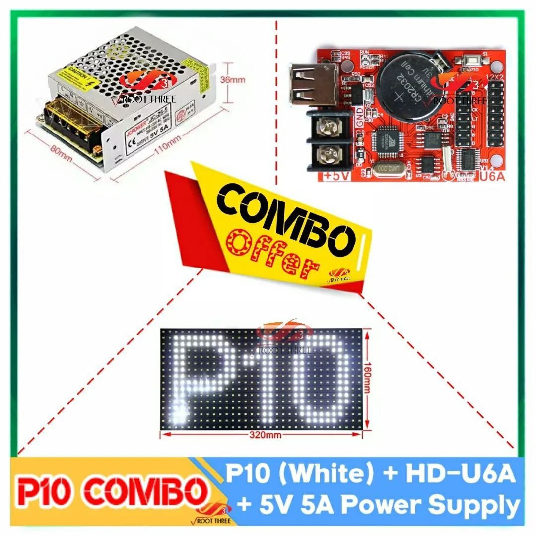 Picture of Digital Signboard Comb Pack  P10 SMD Single Color Bundle 32x16 Pixel 12"x6" Panel + 5V 5A SMPS + HD-U6a Control Card with Your Own Program 