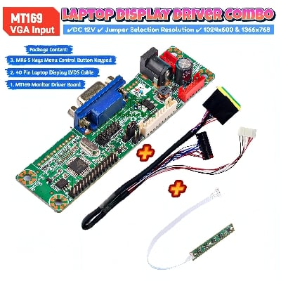 Picture of Laptop Display Monitor Combo Pack MT169 1ch 6bit 40 Pin 25mm LVDS 5 Key Manu Button Keypad Supply 12V 5A  Support VGA Input 40 Pin LVDs 1366x768 & 1024x600 Resolution combo