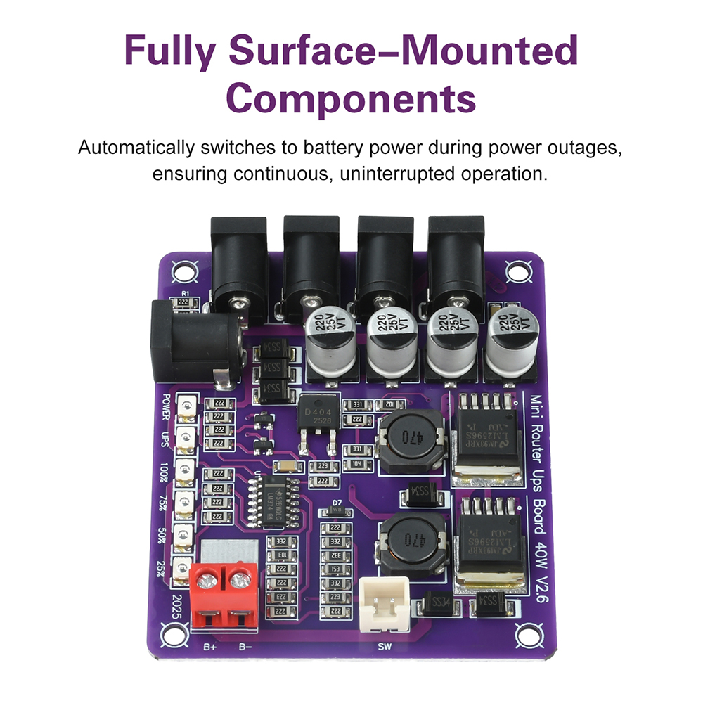 Picture of Mini Router Uninterruptible Power Supply Board 12.6V Battery Charging Board 3S Lithium Battery
Input 5V/9V/12V Output 40W DC UPS for Router Onu CCTV DVR XVR Multicolor