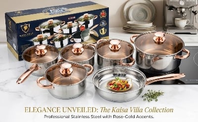 Picture of KAISA VILLA KV-1001 STAINLESS STEEL PAN FRYING PAN SOUP POT 12 PIECES PAN KITCHEN TITANIUM COOKWARE