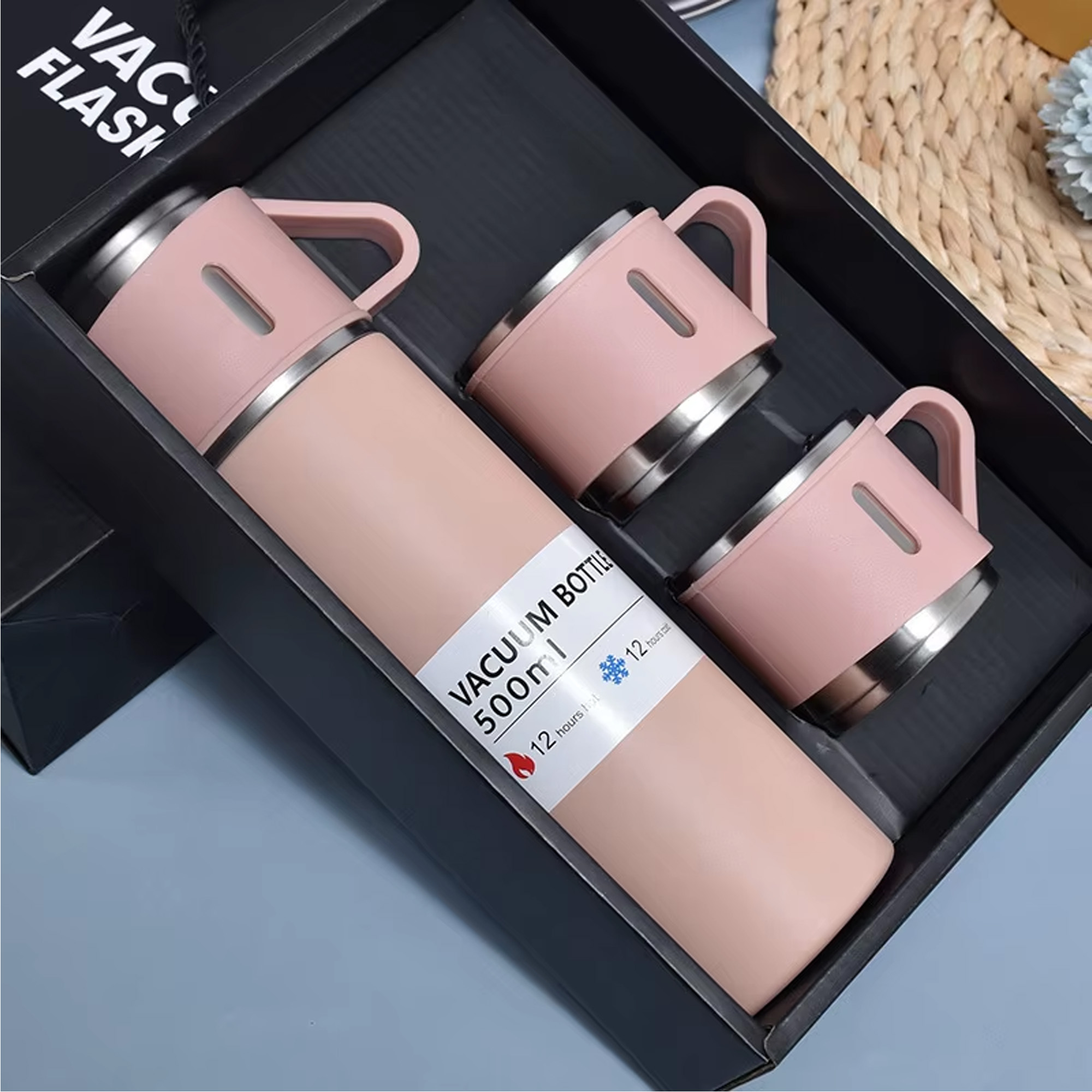 Picture of 500ml Stainless Steel Vacuum Flask 3 Cup Set(Pink)