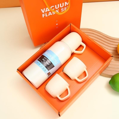 Picture of 3 in 1 Stainless Steel Vacuum Flask Set White 500ml Double Wall Hot & Cold Thermos Bottle with Two Cups Premium Leak-Proof Design Ideal for Office, Travel & Corporate Gift | MNK SHOP(Orange)