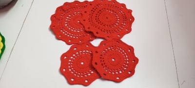 Picture of 04 Pcs Round Handmade Placemat Set – 100% Premium Cotton Crochet Dining Table Mats | MNK SHOP(Red)