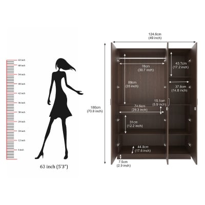 Picture of Andrie 3 Door Wardrobe/Clothes Storage Rack Organizer Almirah Cupboard Cabinet with Shelves and Cloth Hanger for Bedroom Home Furniture