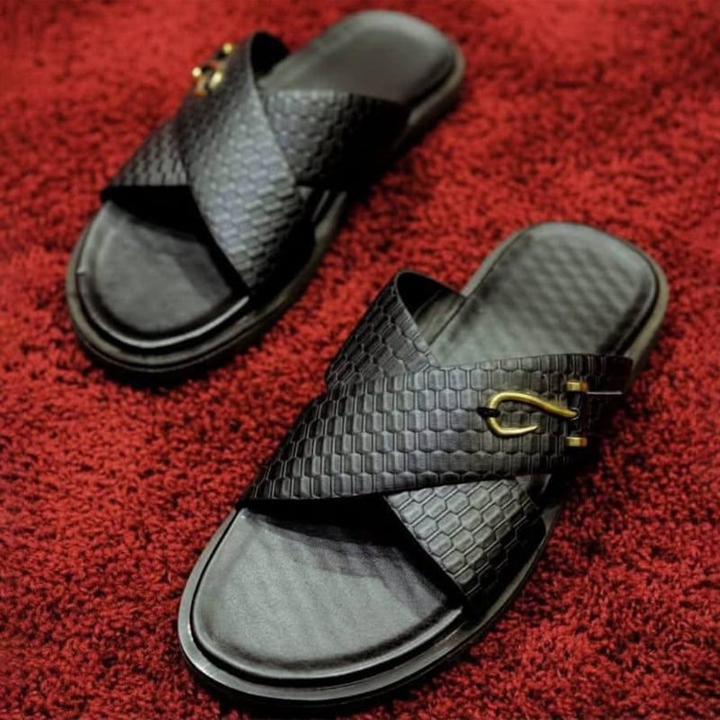 Picture of Men’s Black Textured Cross-Strap Slide Sandals
