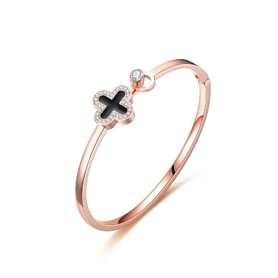 Picture of Metal Titanium Steel Bangle Rose  Leaf Clover Charm Opened Cuff Bangle Bracelet - Bracelet