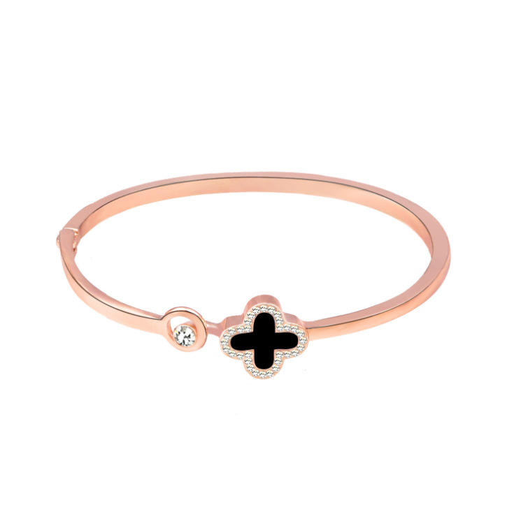 Picture of Metal Titanium Steel Bangle Rose  Leaf Clover Charm Opened Cuff Bangle Bracelet - Bracelet