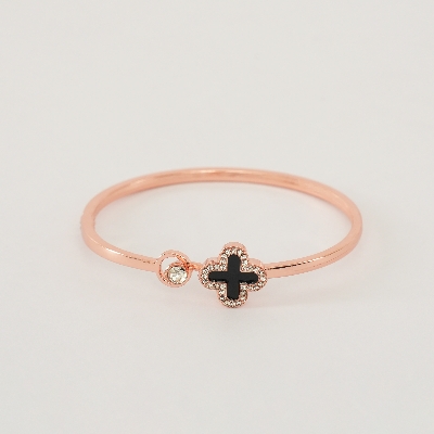 Picture of Metal Titanium Steel Bangle Rose  Leaf Clover Charm Opened Cuff Bangle Bracelet - Bracelet