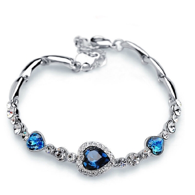 Picture of Ladies Bracelet Women Bracelet Rhinestone Embedded Leaf Charm Elegant Classic Adjustable Blue Fashion Jewelry