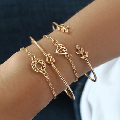 Picture of 4pcs/Set  Rose Plated Chain Bracelet Women Simple Design Chain Bracelet