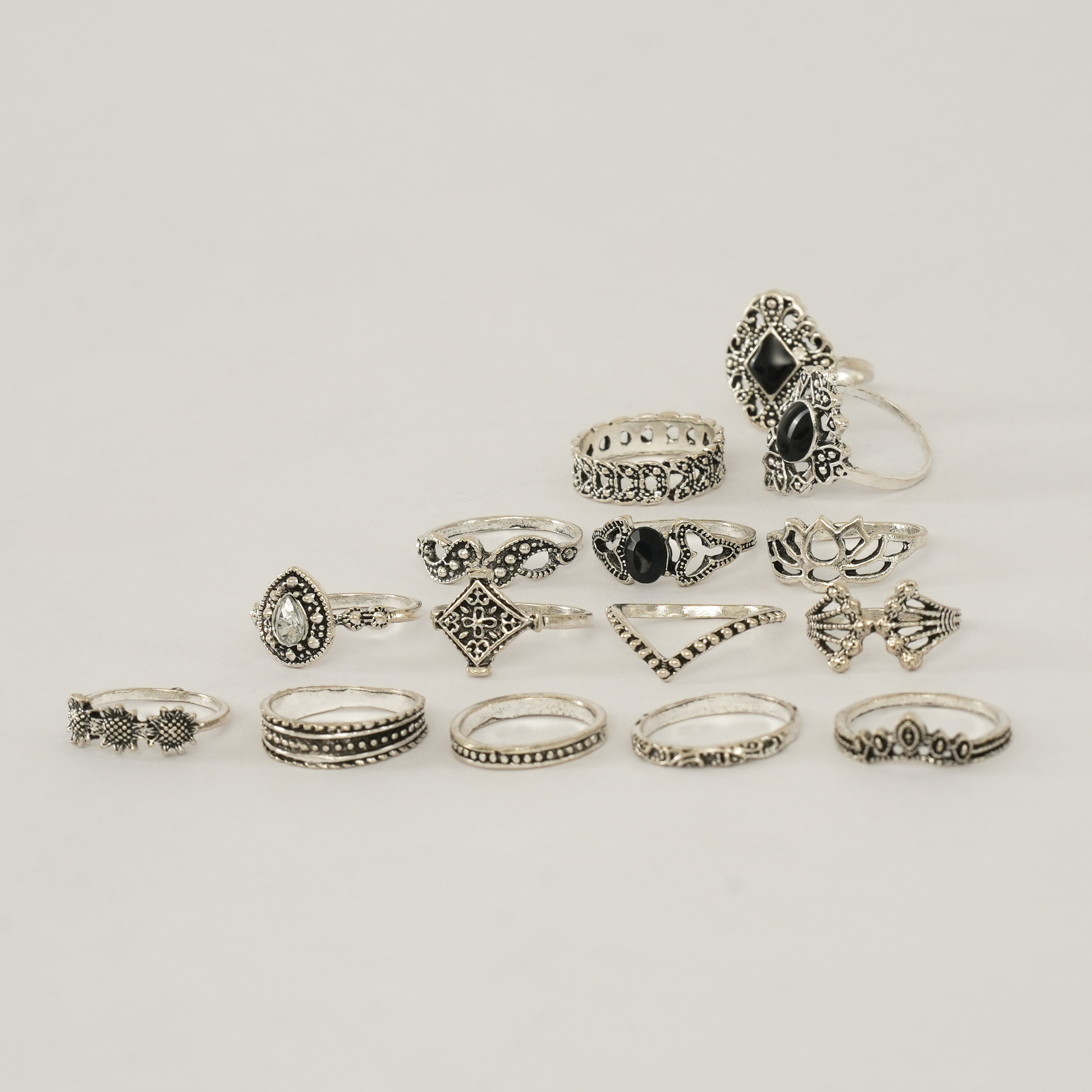 Picture of 14 Pieces/set Crystal Flower Leaves Hollow Lotus Gem Ring Set