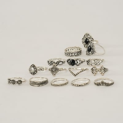 Picture of 14 Pieces/set Crystal Flower Leaves Hollow Lotus Gem Ring Set