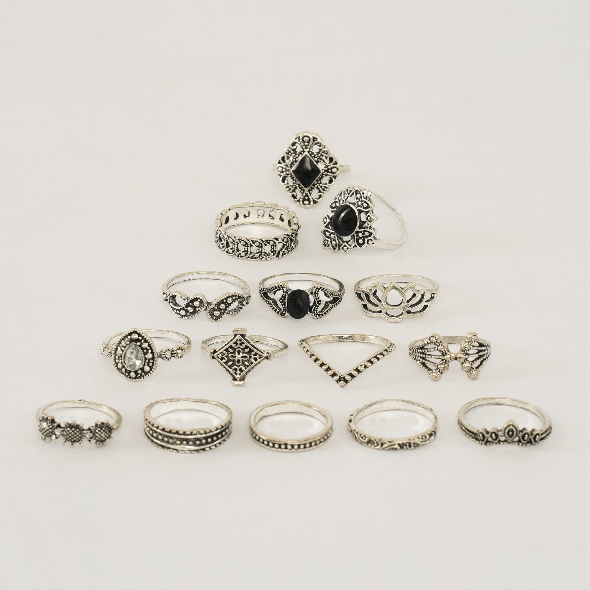 Picture of 14 Pieces/set Crystal Flower Leaves Hollow Lotus Gem Ring Set