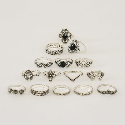 Picture of 14 Pieces/set Crystal Flower Leaves Hollow Lotus Gem Ring Set