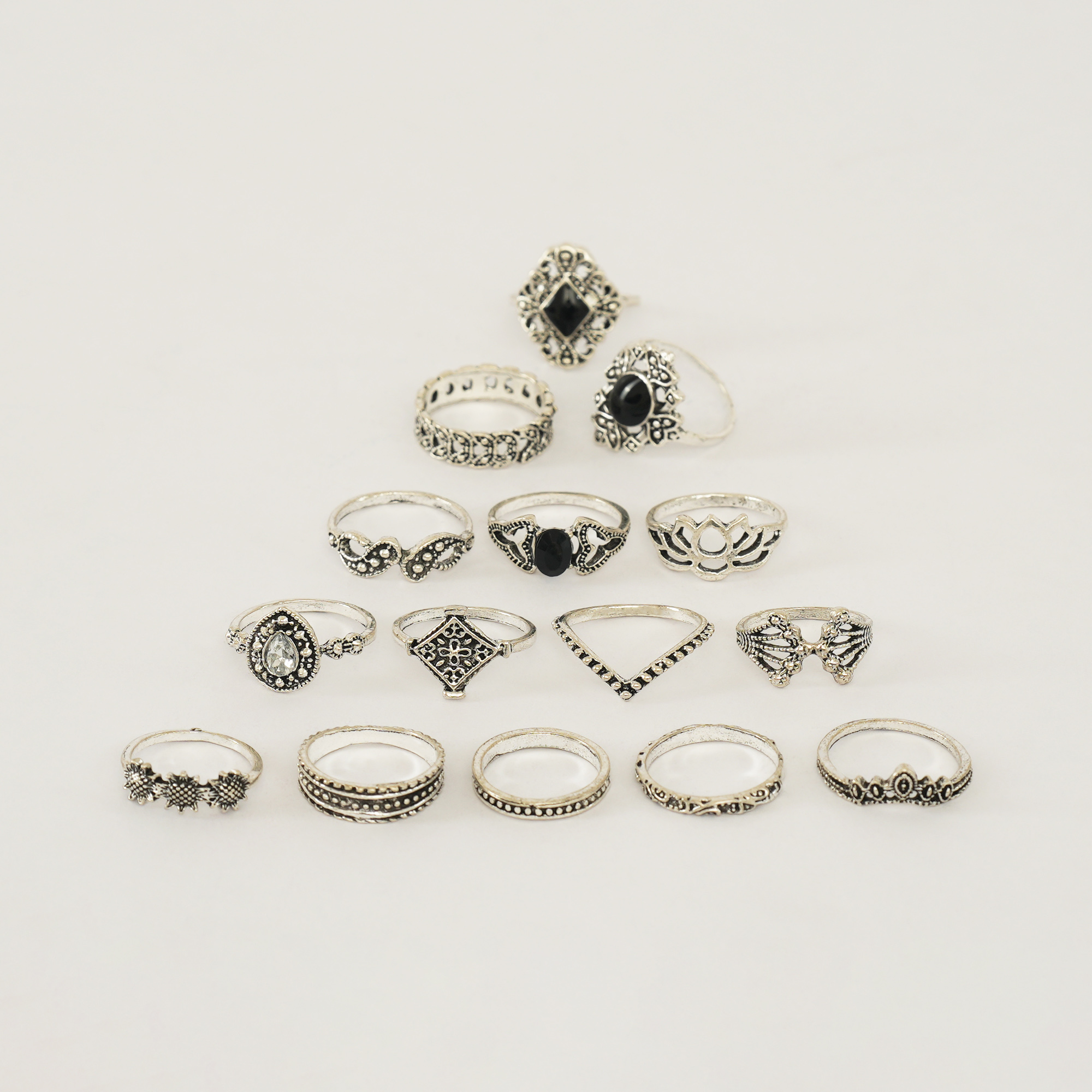 Picture of 14 Pieces/set Crystal Flower Leaves Hollow Lotus Gem Ring Set