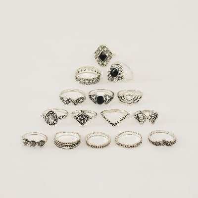 Picture of 14 Pieces/set Crystal Flower Leaves Hollow Lotus Gem Ring Set