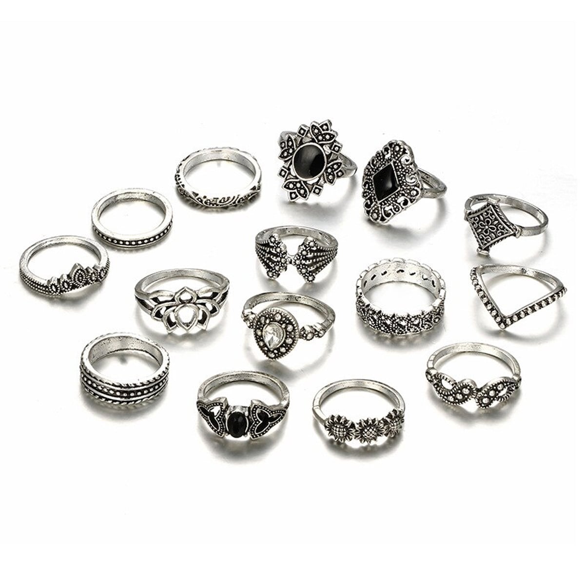 Picture of 15 Piece/Set Bohemian Retro Crystal Flower Leaves Leaves Blank Padma Gem Silver Ring