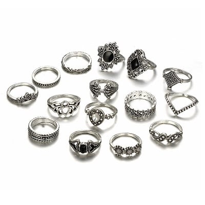 Picture of 15 Piece/Set Bohemian Retro Crystal Flower Leaves Leaves Blank Padma Gem Silver Ring