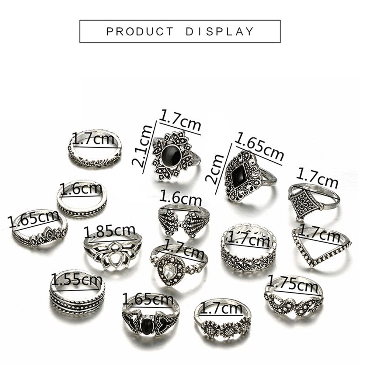 Picture of 15 Piece/Set Bohemian Retro Crystal Flower Leaves Leaves Blank Padma Gem Silver Ring