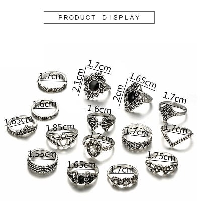 Picture of 15 Piece/Set Bohemian Retro Crystal Flower Leaves Leaves Blank Padma Gem Silver Ring